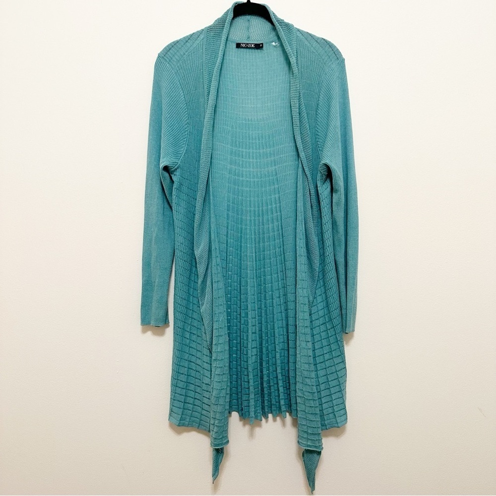 Nic + Zoe Longline Open Duster Cardigan Knit Size Medium aqua